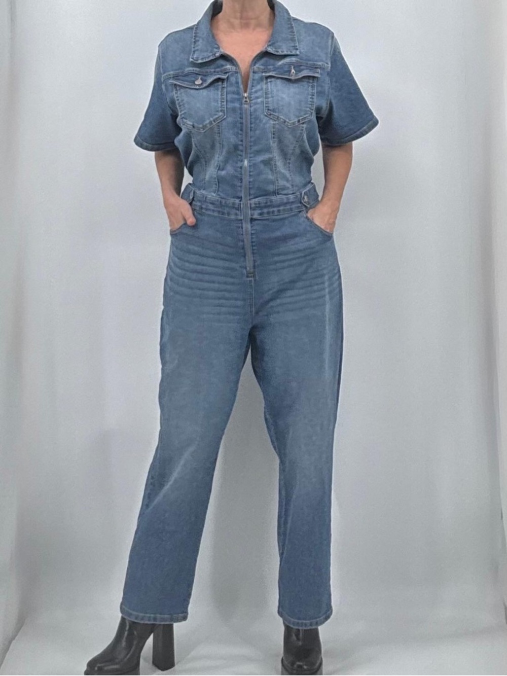 Celebrity Pink Retro 70s Zippered Boiler Suit Denim Overalls Jumpsuit - Picture 15 of 15